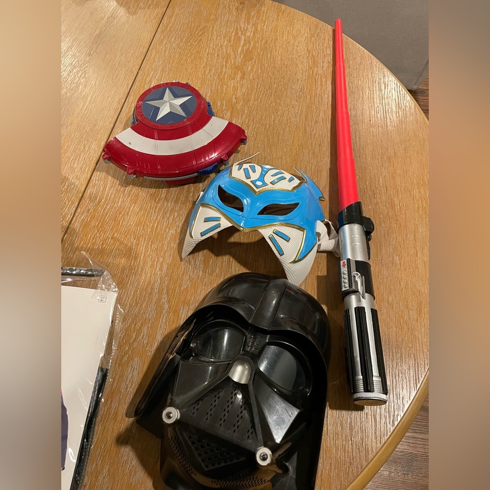 Darthvadar mask, lightsaber, wrestling mask, captain America shield